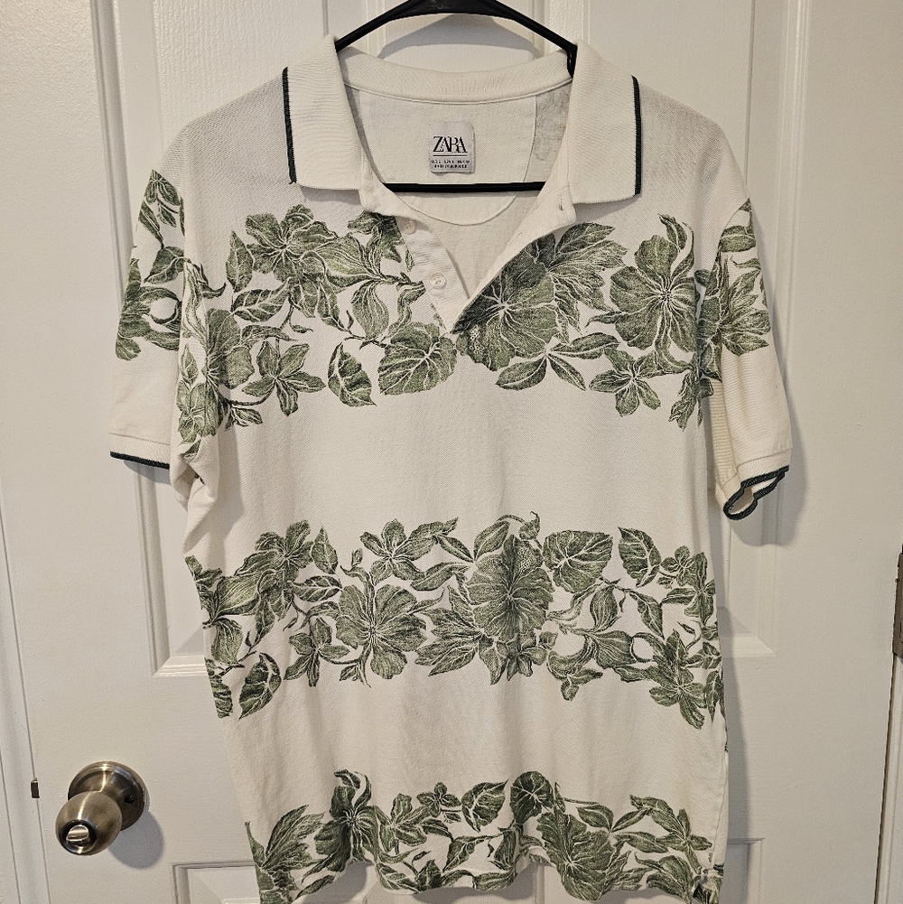 Zara Men's Green Leaf Print Cotton Polo Shirt Size L